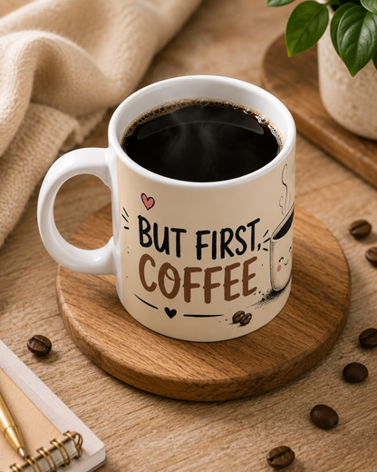 Ceramic Mug — "But First, Coffee" Cute Kawaii Coffee Cup Gift