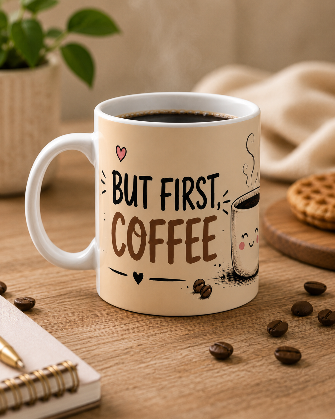 Ceramic Mug — "But First, Coffee" Cute Kawaii Coffee Cup Gift