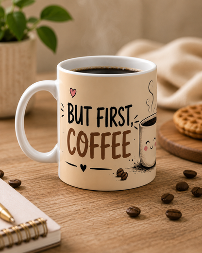 Ceramic Mug — "But First, Coffee" Cute Kawaii Coffee Cup Gift