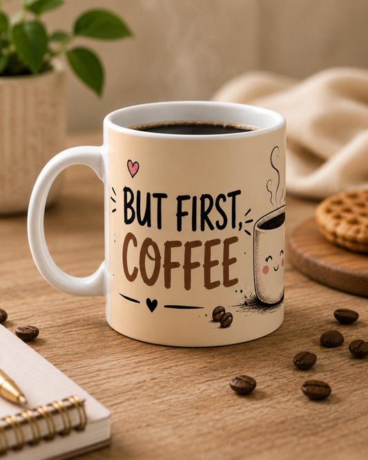 Ceramic Mug — "But First, Coffee" Cute Kawaii Coffee Cup Gift