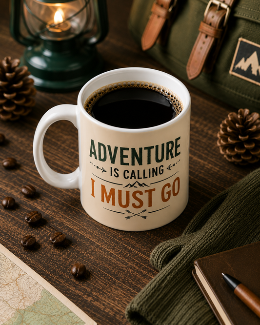Adventure Calling Campfire Ceramic Mug — "If Adventure is Calling You Must Go" Travel Coffee Cup