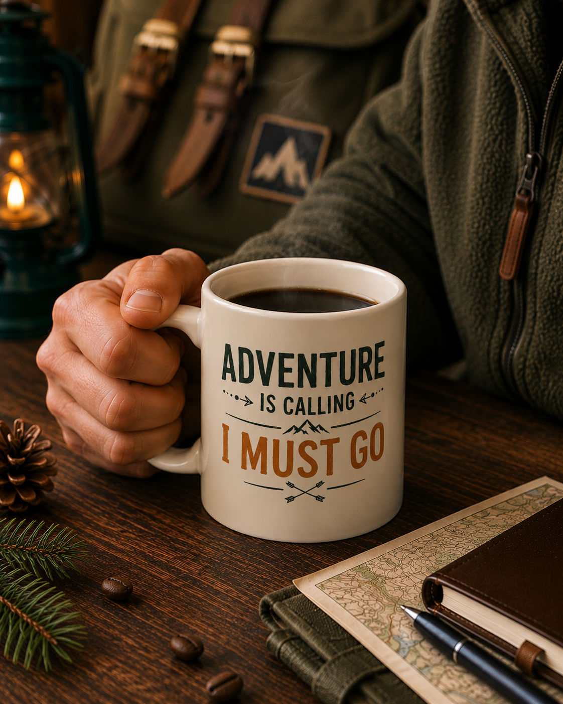 Adventure Calling Campfire Ceramic Mug — "If Adventure is Calling You Must Go" Travel Coffee Cup