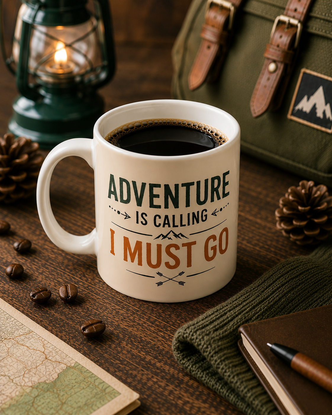 Adventure Calling Campfire Ceramic Mug — "If Adventure is Calling You Must Go" Travel Coffee Cup