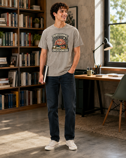 Professional Overthinker Acid-Wash Tee — Graphic Funny Brain T-Shirt