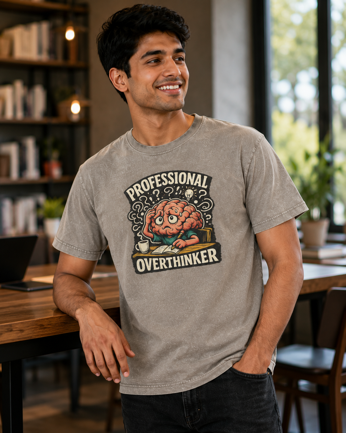 Professional Overthinker Acid-Wash Tee — Graphic Funny Brain T-Shirt