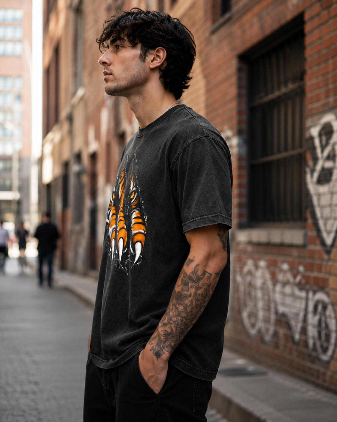 Tiger Claw Graphic Tee — Acid Wash Black Round Neck