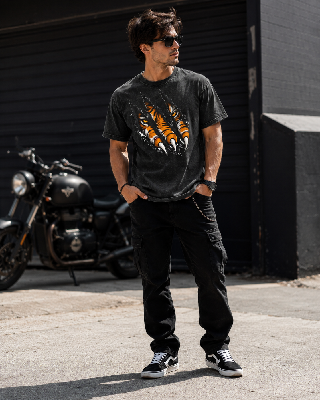 Tiger Claw Graphic Tee — Acid Wash Black Round Neck