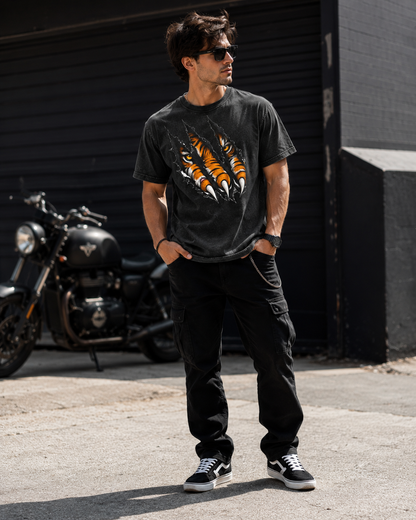 Tiger Claw Graphic Tee — Acid Wash Black Round Neck