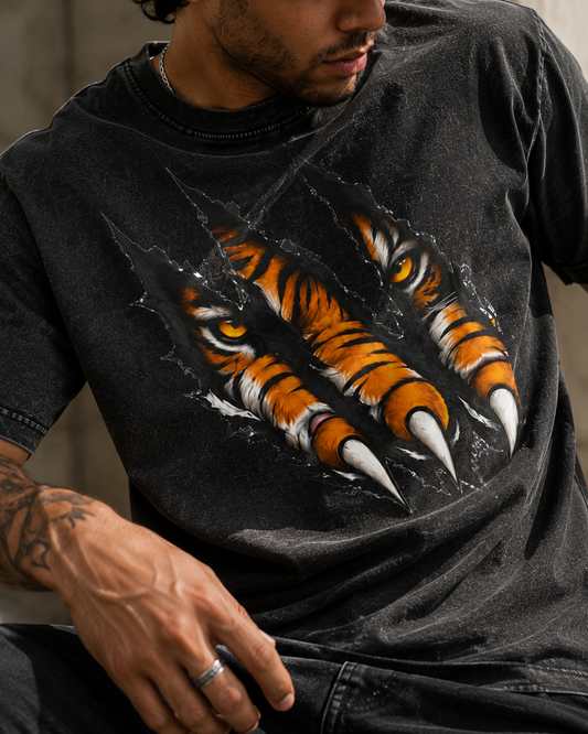 Tiger Claw Graphic Tee — Acid Wash Black Round Neck