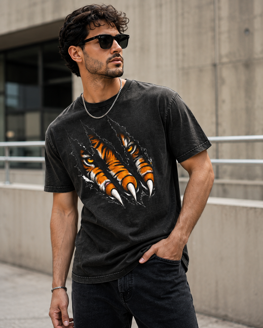 Tiger Claw Graphic Tee — Acid Wash Black Round Neck