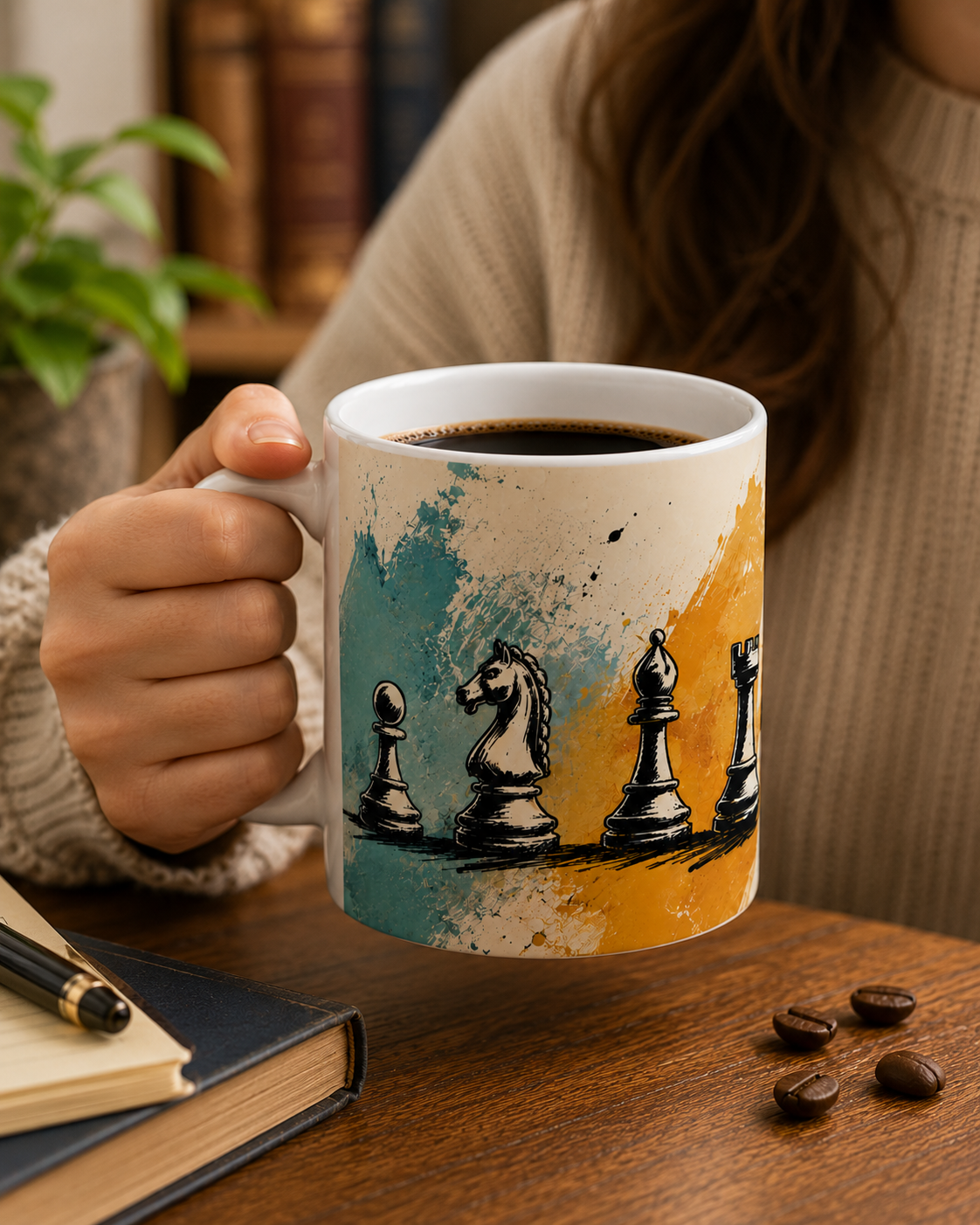 Chess Pieces Ceramic Mug — Watercolor King & Fallen Pawn Design