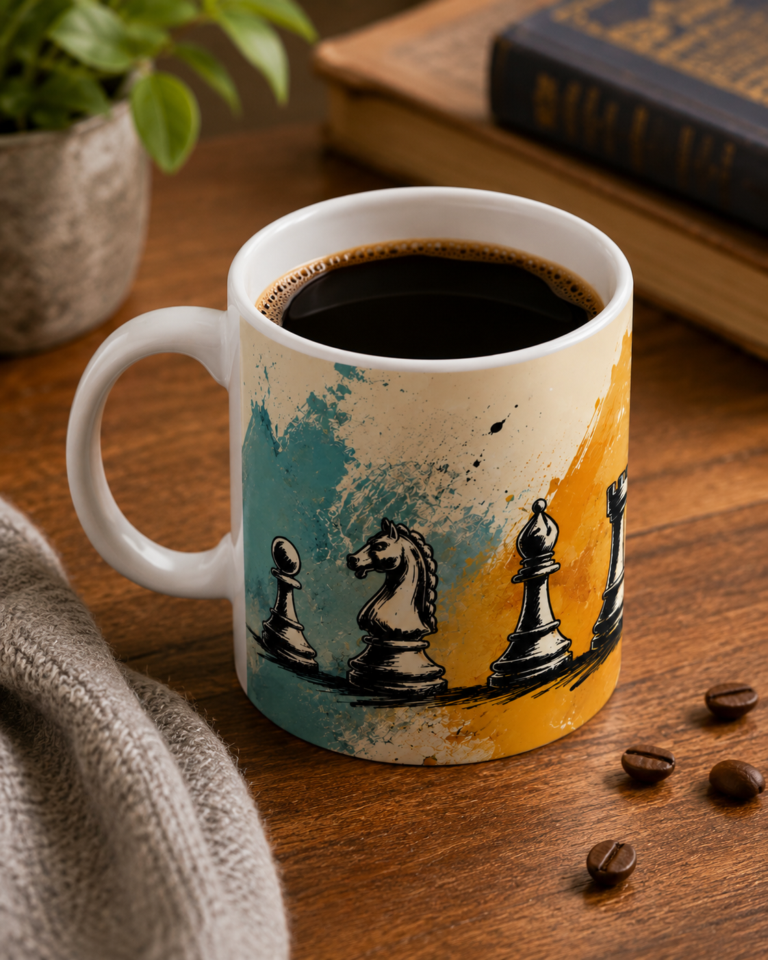 Chess Pieces Ceramic Mug — Watercolor King & Fallen Pawn Design