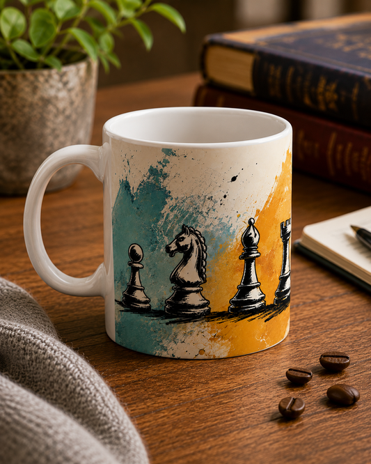 Chess Pieces Ceramic Mug — Watercolor King & Fallen Pawn Design
