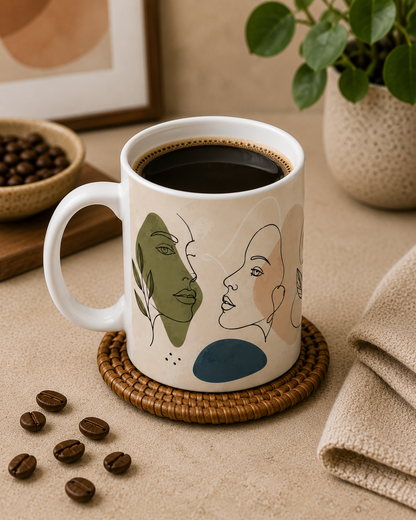 Abstract Line Art Faces Ceramic Mug — Minimalist Modern Portrait Coffee Cup