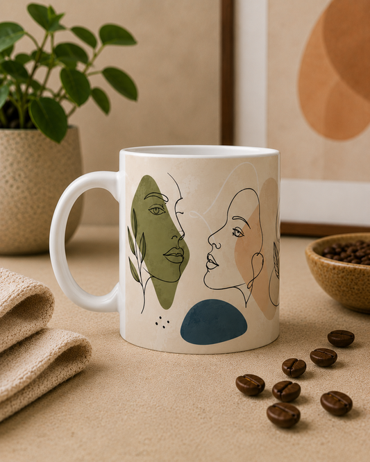 Abstract Line Art Faces Ceramic Mug — Minimalist Modern Portrait Coffee Cup
