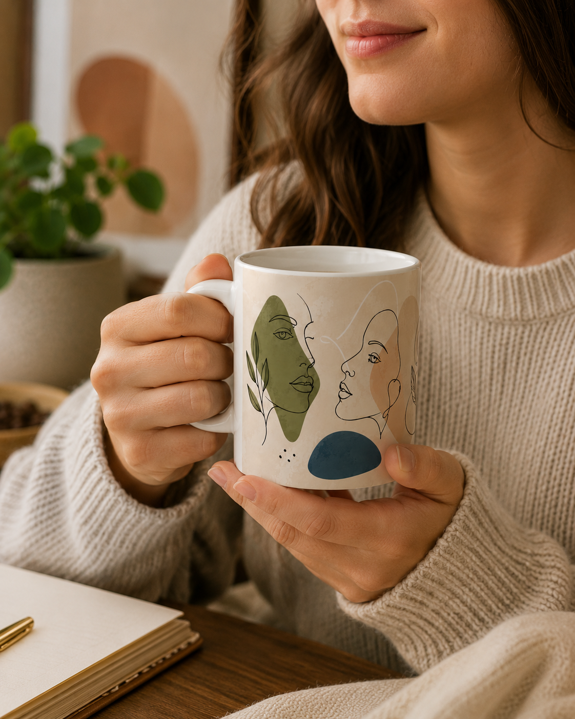 Abstract Line Art Faces Ceramic Mug — Minimalist Modern Portrait Coffee Cup