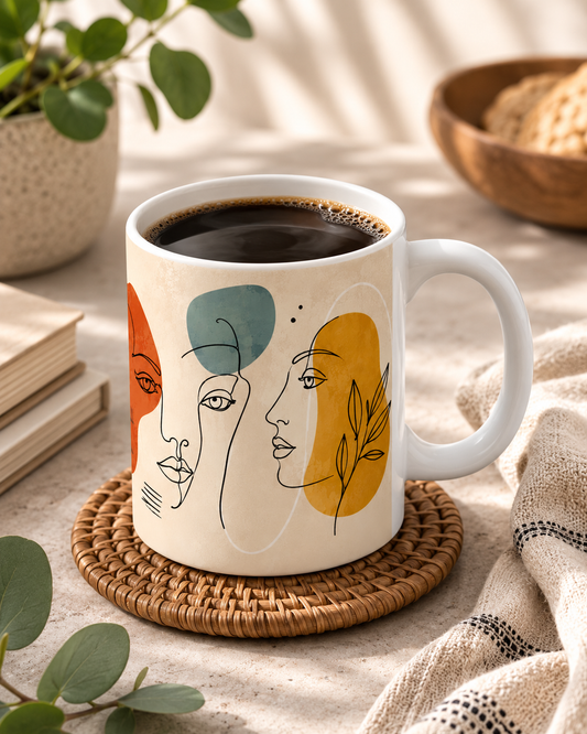 Abstract Line Art Faces Ceramic Mug — Minimalist Modern Portrait Coffee Cup