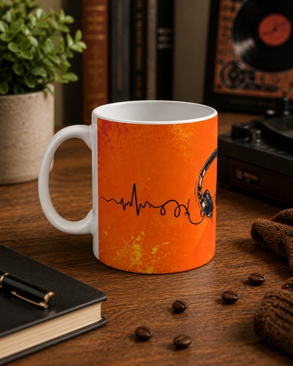 Music Lover Mug — Headphones & Vinyl Heartbeat Ceramic Coffee Cup