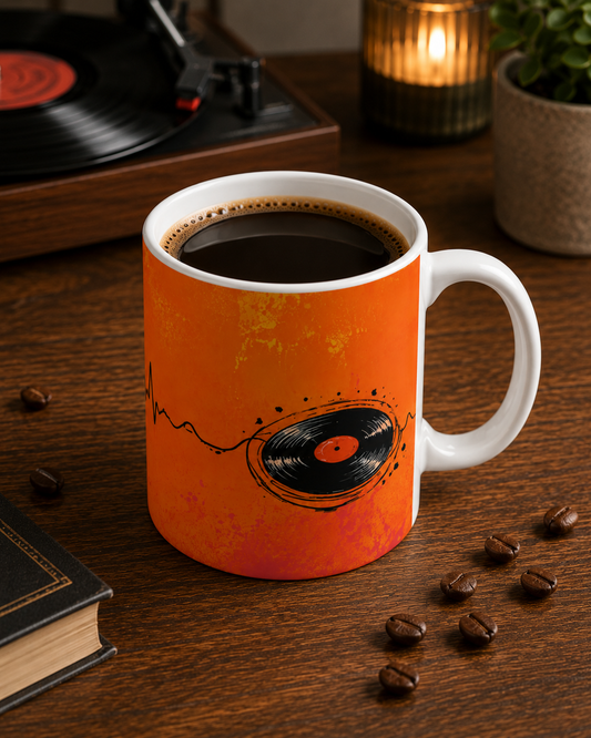 Music Lover Mug — Headphones & Vinyl Heartbeat Ceramic Coffee Cup