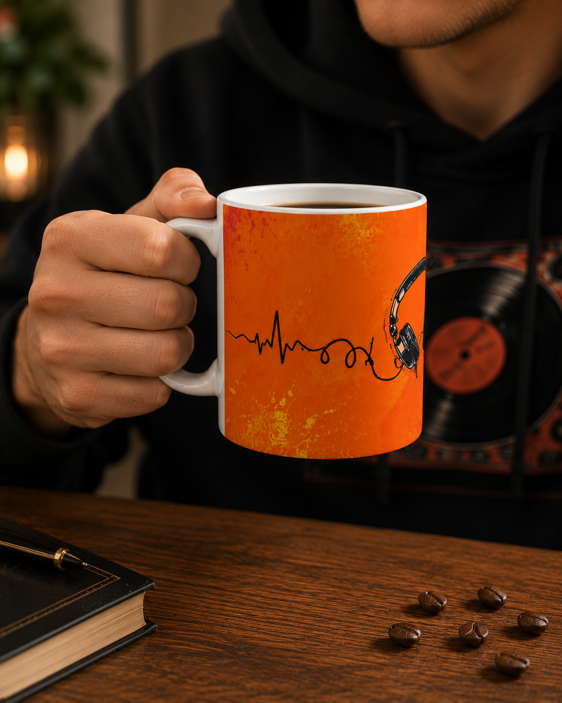 Music Lover Mug — Headphones & Vinyl Heartbeat Ceramic Coffee Cup