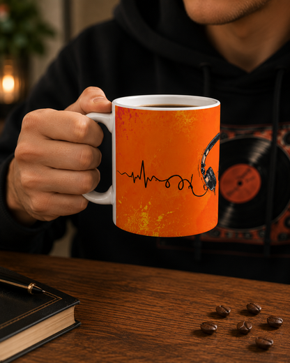Music Lover Mug — Headphones & Vinyl Heartbeat Ceramic Coffee Cup