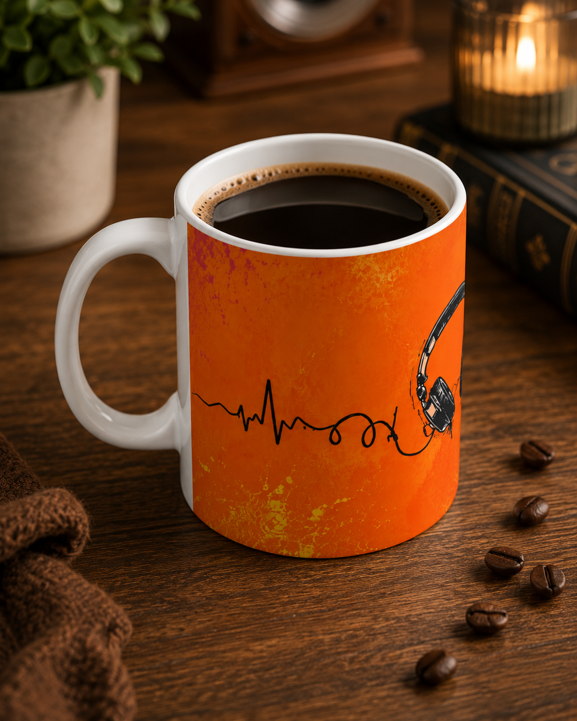 Music Lover Mug — Headphones & Vinyl Heartbeat Ceramic Coffee Cup