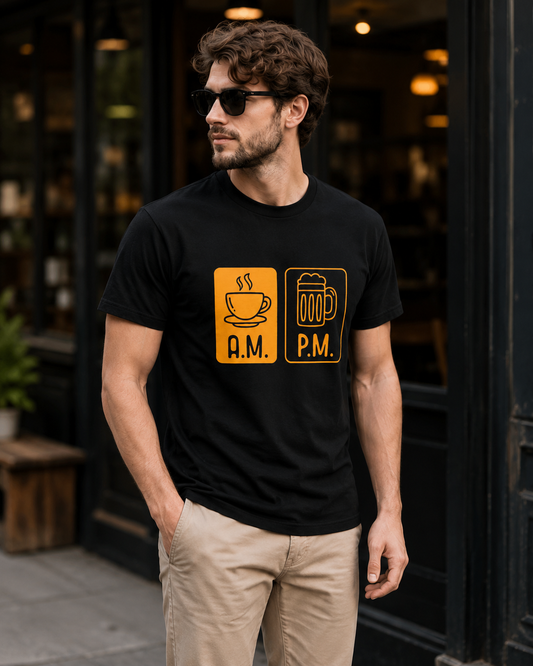 AM PM Coffee Beer T‑Shirt — Morning Coffee, Evening Beer Tee