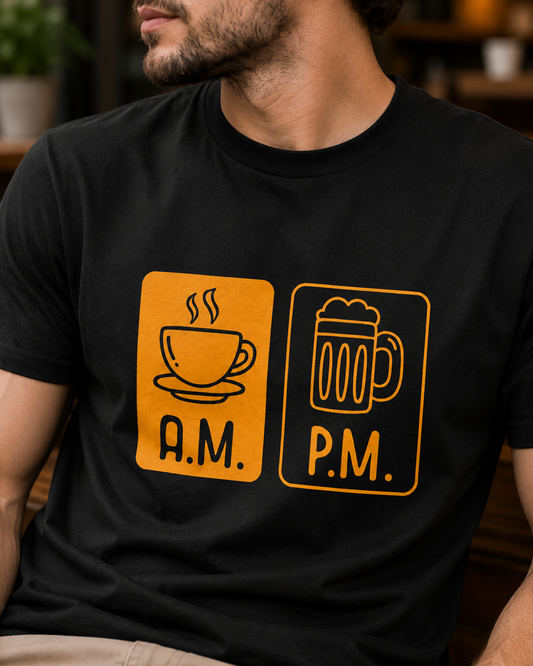 AM PM Coffee Beer T‑Shirt — Morning Coffee, Evening Beer Tee