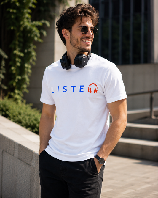 Listener Headphones T-Shirt — "LISTEN" Graphic Tee for Music Lovers