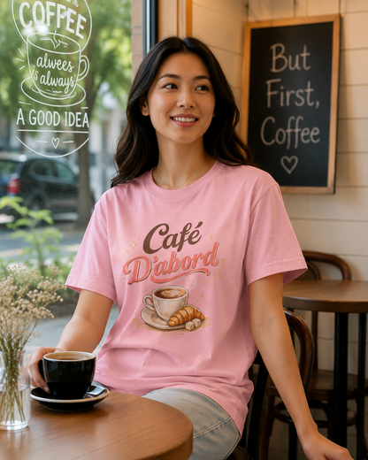 Café D'abord Tee — Vintage Coffee & Croissant Graphic Shirt