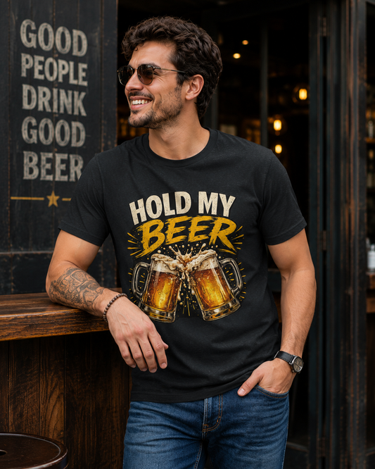 Hold My Beer T-Shirt — Cheers Clinking Beer Mugs Graphic Tee