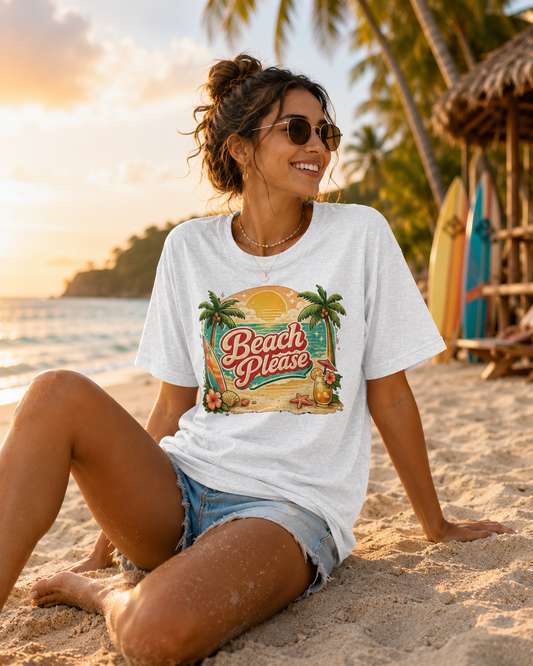 Beach Please T-Shirt — Retro Tropical Surf Tee