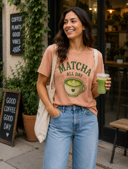 Matcha All Day T‑Shirt — Cute Green Tea Latte Graphic Tee