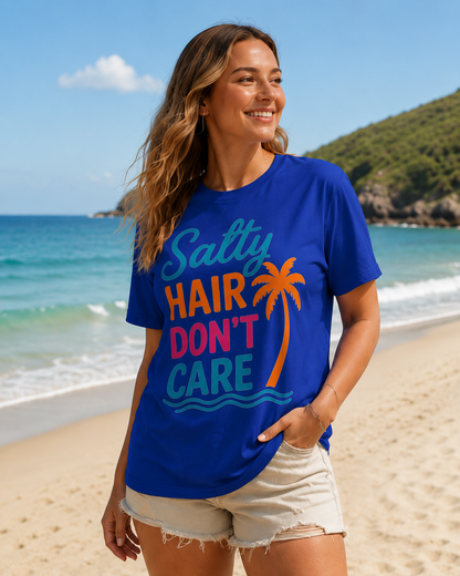Salty Hair Don’t Care Beach Tee — Palm Tree Summer Vacation Shirt