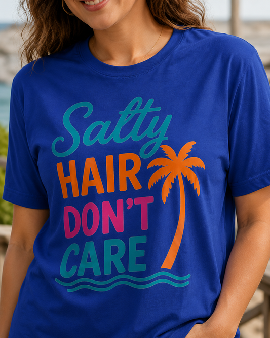 Salty Hair Don’t Care Beach Tee — Palm Tree Summer Vacation Shirt