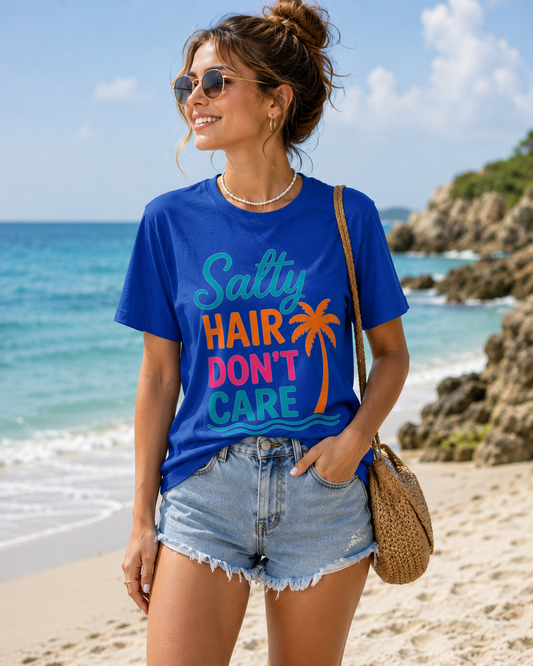 Salty Hair Don’t Care Beach Tee — Palm Tree Summer Vacation Shirt