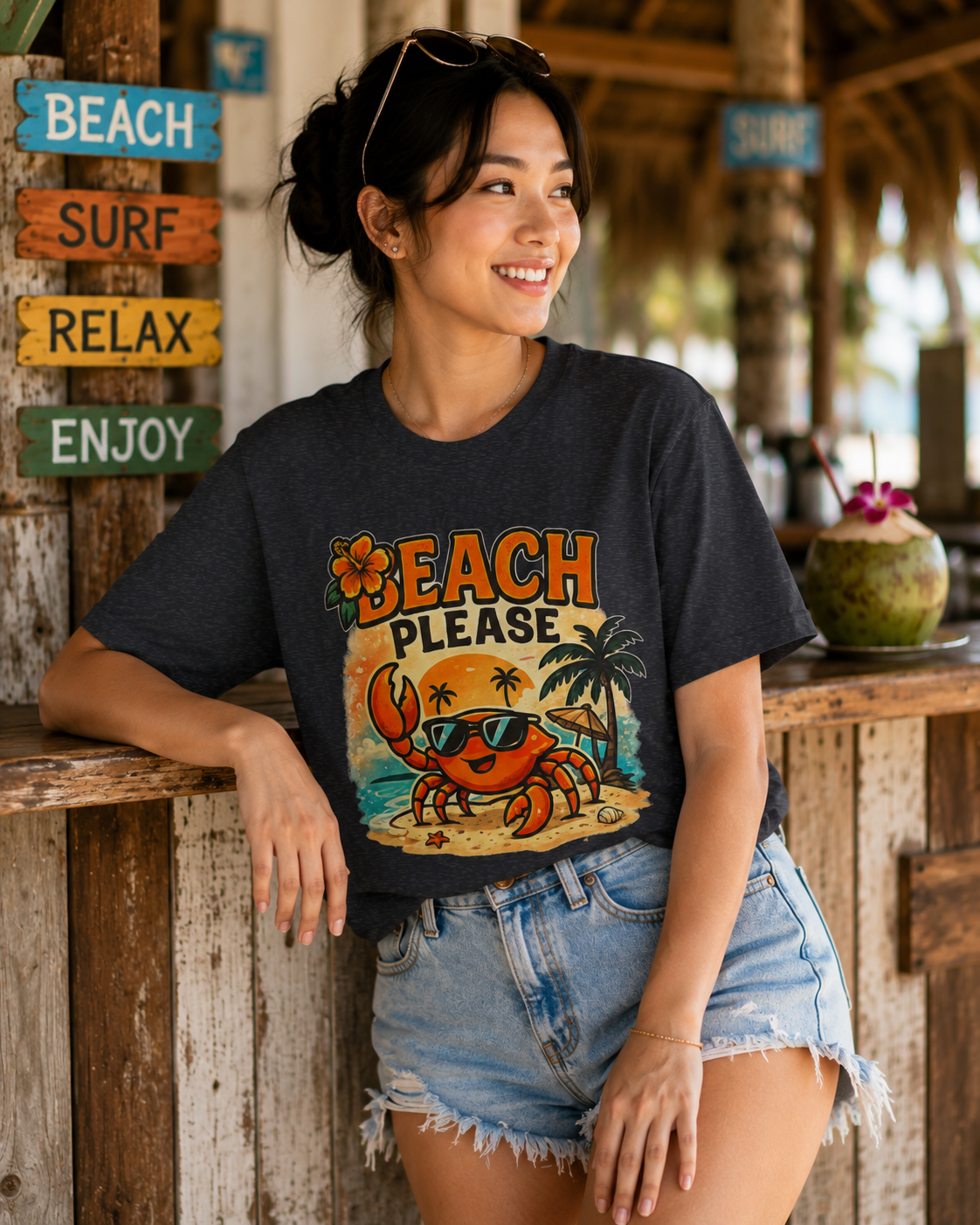 Beach Please Crab T-Shirt — Funny Summer Vacation Tee with Sunglasses Crab
