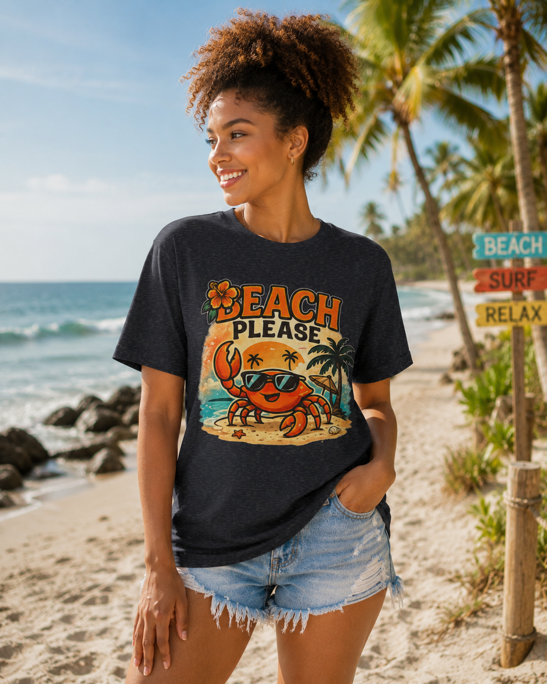 Beach Please Crab T-Shirt — Funny Summer Vacation Tee with Sunglasses Crab