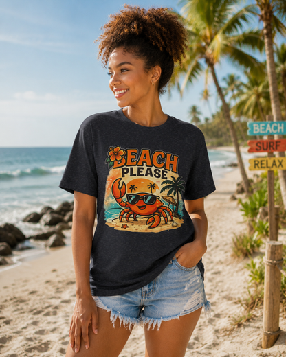 Beach Please Crab T-Shirt — Funny Summer Vacation Tee with Sunglasses Crab