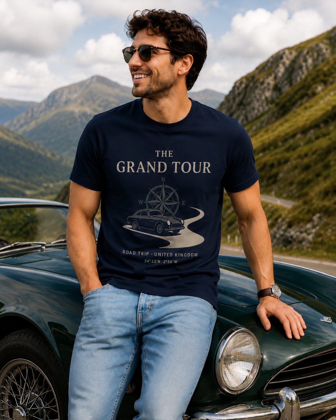 The Grand Tour Road Trip T-Shirt — Vintage Compass & Classic Car Travel Tee