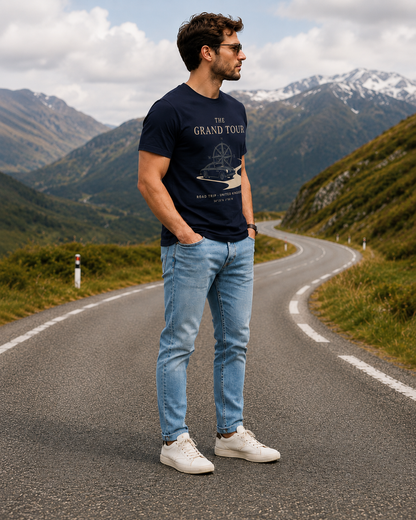 The Grand Tour Road Trip T-Shirt — Vintage Compass & Classic Car Travel Tee