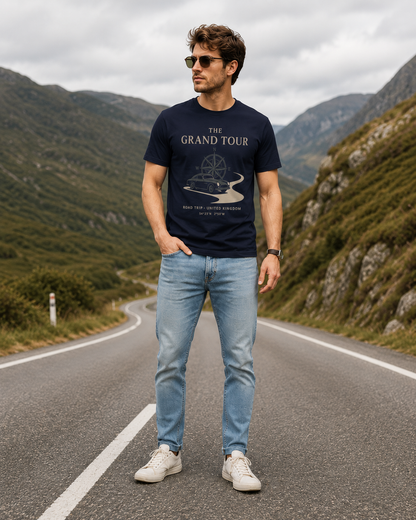 The Grand Tour Road Trip T-Shirt — Vintage Compass & Classic Car Travel Tee