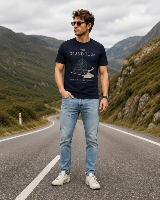 The Grand Tour Road Trip T-Shirt — Vintage Compass & Classic Car Travel Tee