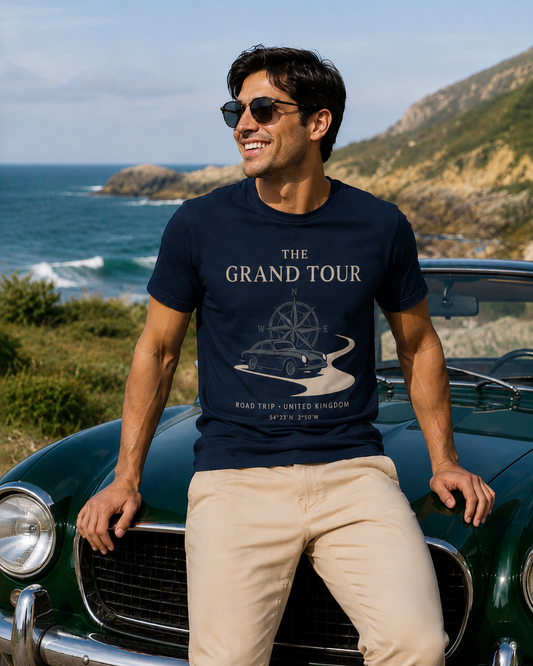 The Grand Tour Road Trip T-Shirt — Vintage Compass & Classic Car Travel Tee