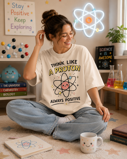 Think Like a Proton T‑Shirt — Always Positive Cute Science Tee