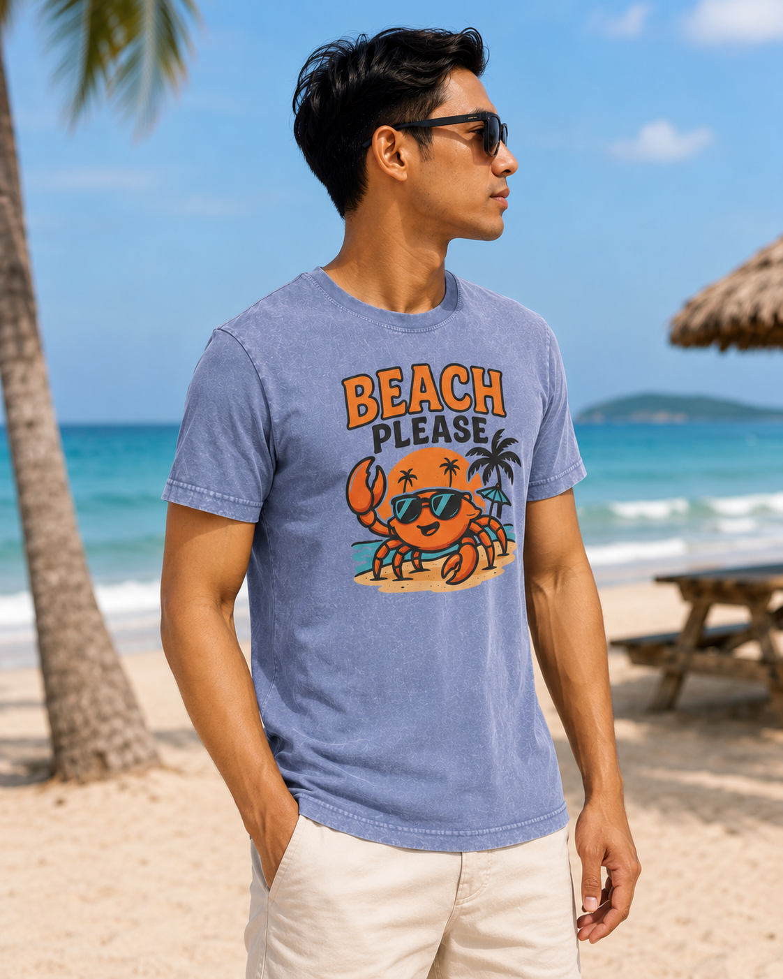 Beach Please Crab Tee - Acid Wash Summer Beach Shirt