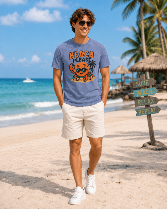 Beach Please Crab Tee - Acid Wash Summer Beach Shirt