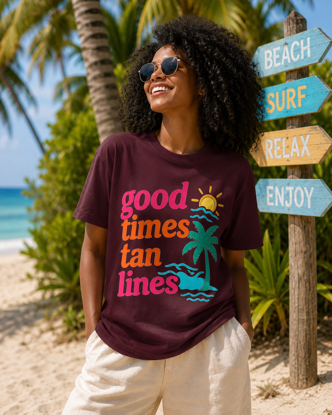 Good Times Tan Lines Tee — Retro Beach Palm Tree T-Shirt