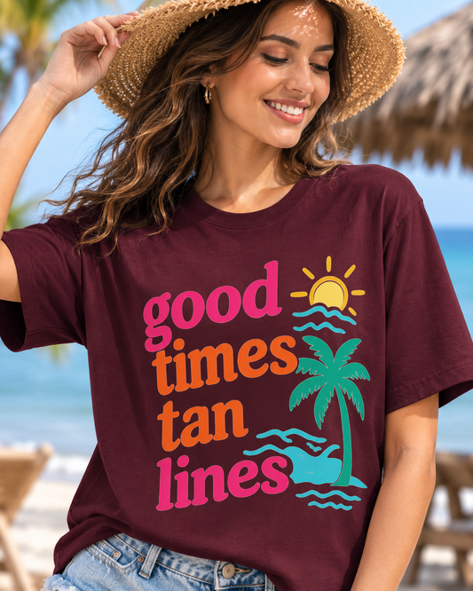Good Times Tan Lines Tee — Retro Beach Palm Tree T-Shirt