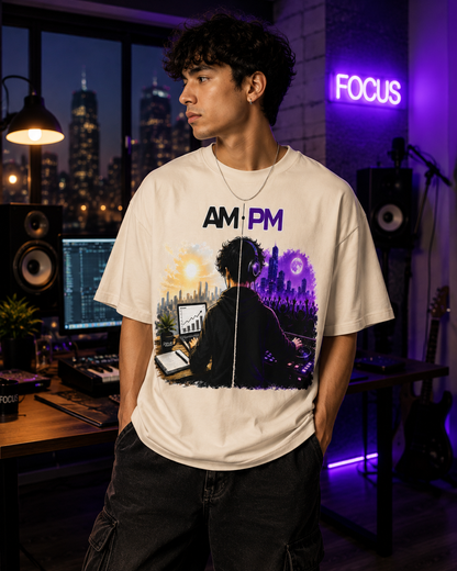 AM/PM Day-to-Night Graphic Tee — Work Hard by Day, Party by Night Oversized Shirt